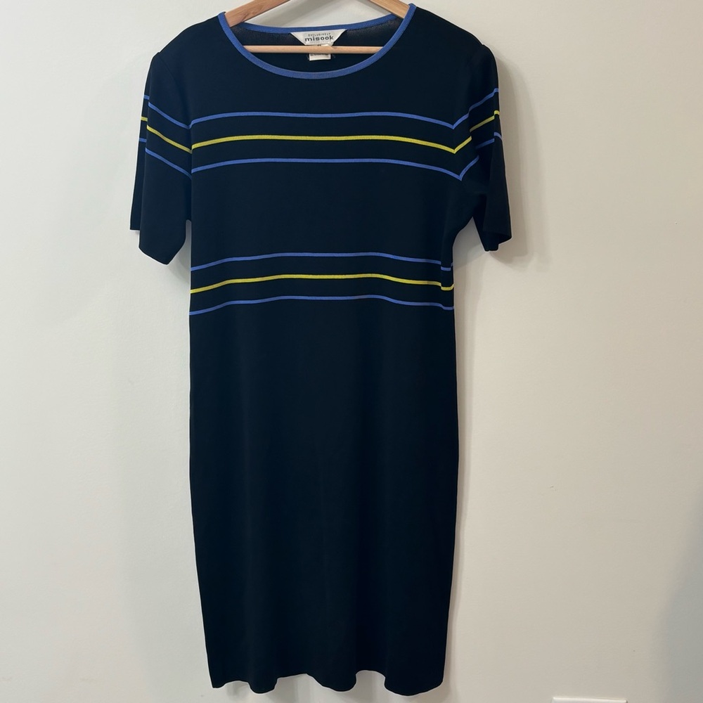Misook Navy Maxi Dress with Blue and Yellow Stripes